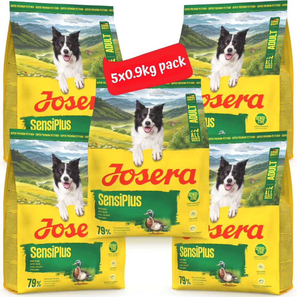 JOSERA SensiPlus (5 x 900 g) | Adult | Premium Trockenfutter mit Ente & Reis für ausgewachsene empfindliche Hunde | mit viel Biotin für gesunde Haut & Fell | hoch verdaulich | glutenfrei | 5er Pack