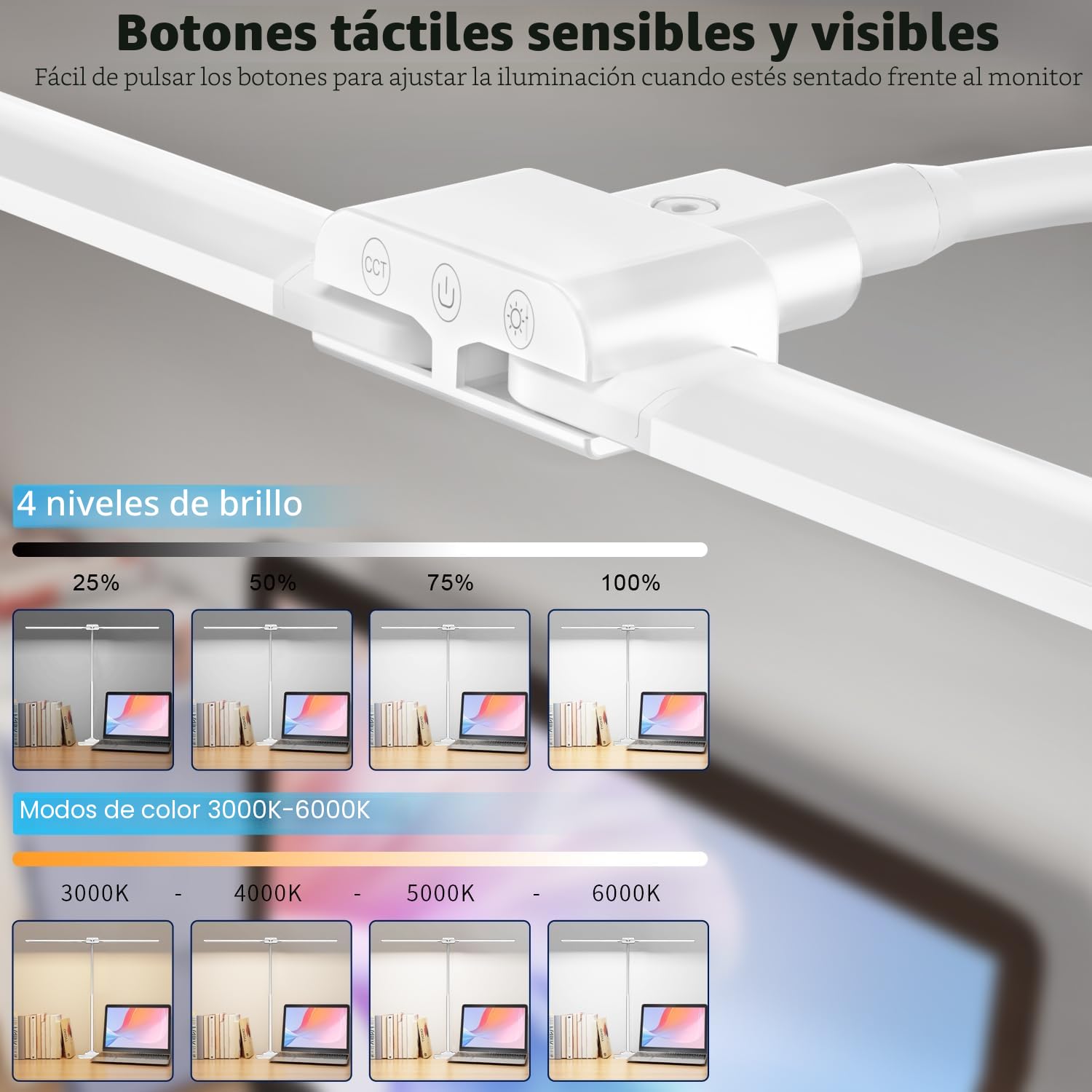 KableRika Lámpara Escritorio LED para Oficina, Flexo Escritorio de Doble Cabezal con Base, Luz de Arquitecto Regulable, luz monitor con Temporizador, para Leer, Estudiar y Oficina en el Hogar - Blanco