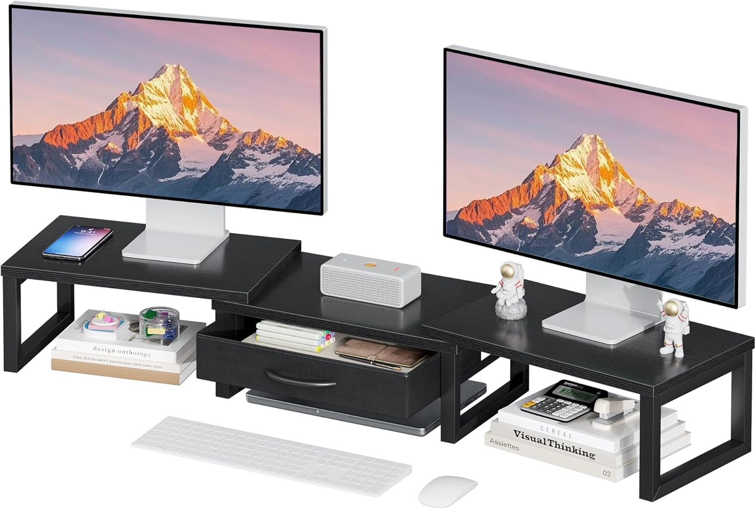 Dual Monitor Stand Riser, Desk Organizers and Accessories with Drawer, Computer Monitor Stands for Desk, Adjustable Desktop Shelf for PC Laptop Printer TV, Black