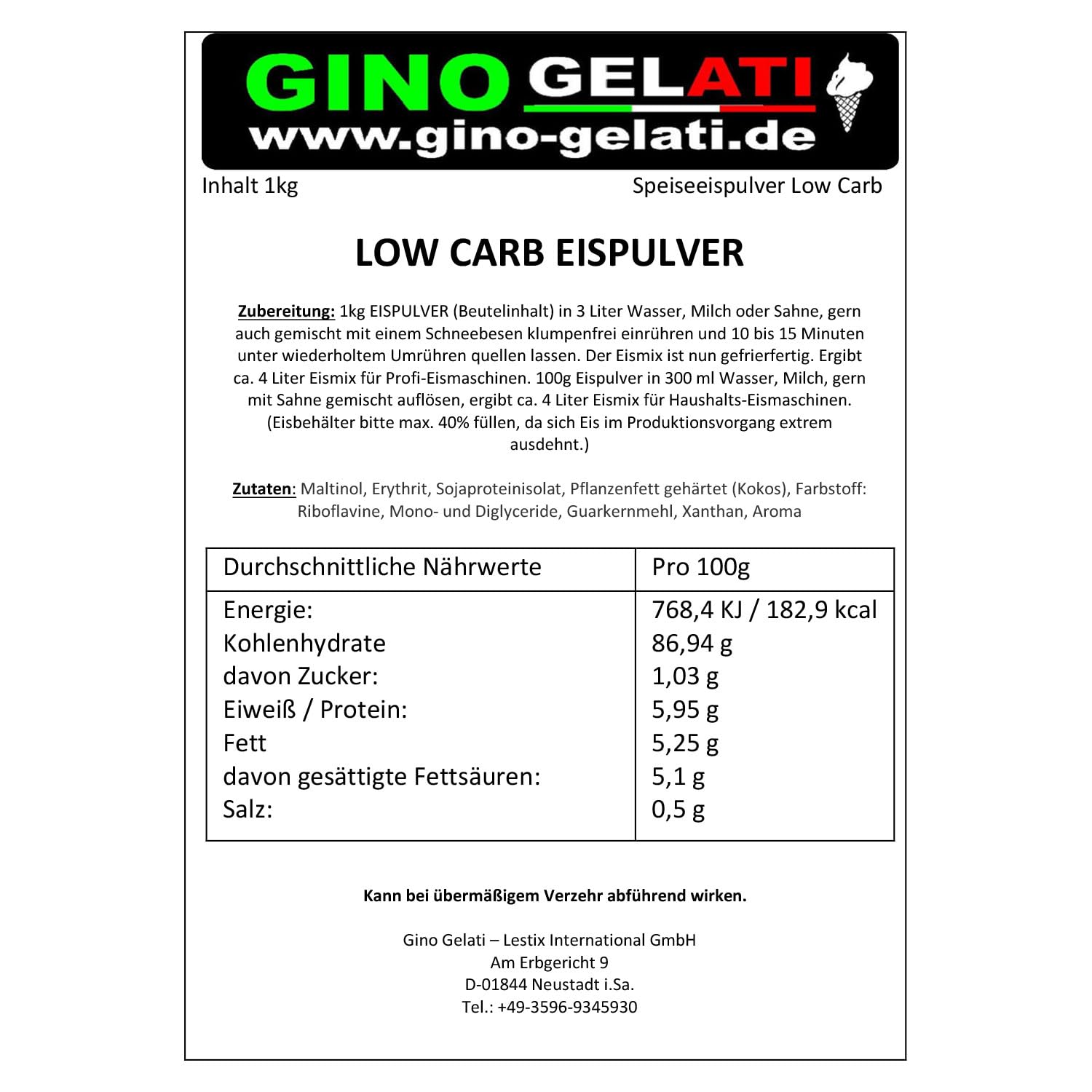 Gino Gelati Low Carb Eis Pulver Vegan Zucker-, laktosefrei mit fruchtigem Geschmack, schnelle und einfache Zubereitung, Made in Germany, Herstellung ohne Maschine (10 Kg, Mandarine)