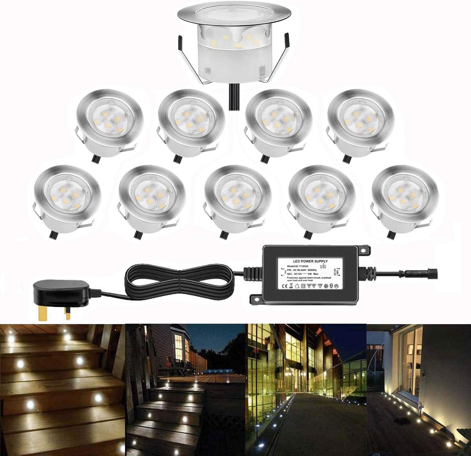 QACA 45mm Led Decking Lights Cool White Waterproof IP67 Kitchen Plinth Lights, Outdoor Patio Pathway Recessed Underground Stairs Path Garden Low Voltage 12V Lighting (Pack of 10) [Energy Class A] [Energy Class A]