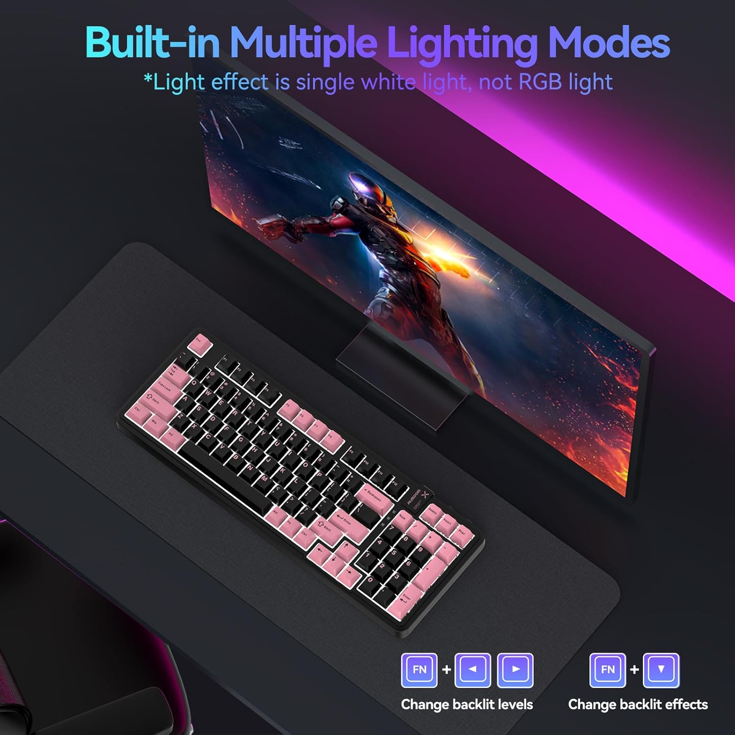 AUSDOM 98Pro Wireless Mechanical Keyboard, Triple Mode Hot-swappable Gaming Keyboard with Bluetooth 5.0, Gasket Structure, Adjustable White Backlight, Silent Keys for Windows/Mac/PC-Black& Pink