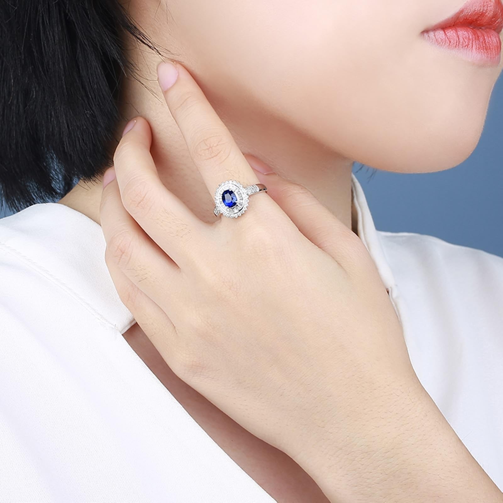 Fedi nuziali in oro bianco 18 carati blu zaffiro ovale, anello da donna con zaffiro da 1,26 carati e diamanti anelli da donna misura 17 (18,1), 57 (18.1), metallo prezioso, Zaffiro