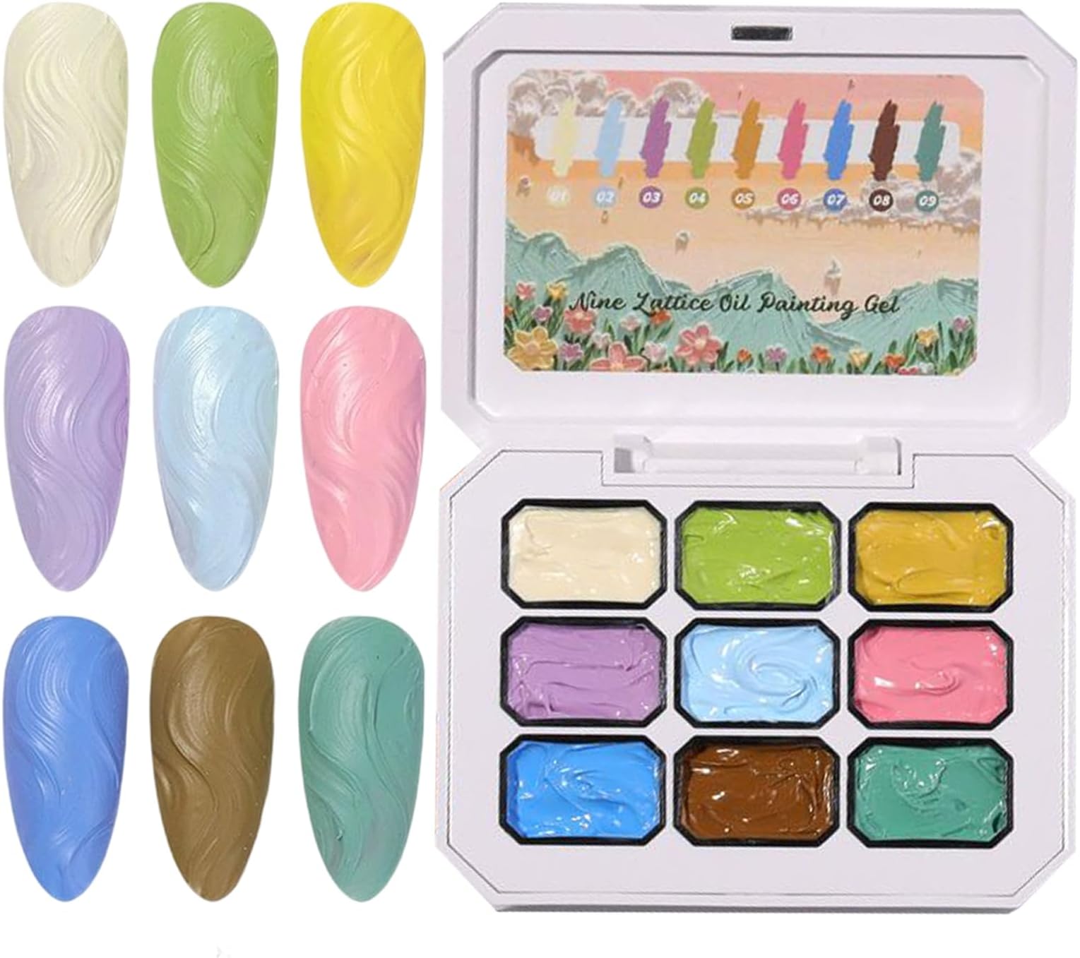 Nail Gel Palette, Solid Nail Polish, 9-Colors 3D Embossed Manicure Painting Art for Women Girls, Home Salon Bridal Holiday French Tips Use, Multicolor Compact Case 1 Set