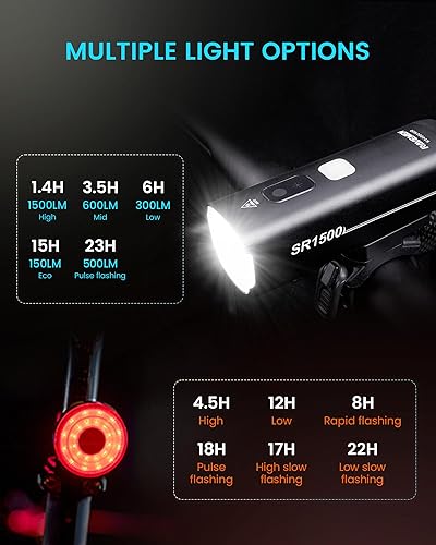 Miniatura 4 de RAVEMEN Juego de luces de bicicleta para conducción nocturna, 5+6 modos de luz delantera y trasera, juego de faros delanteros y traseros para