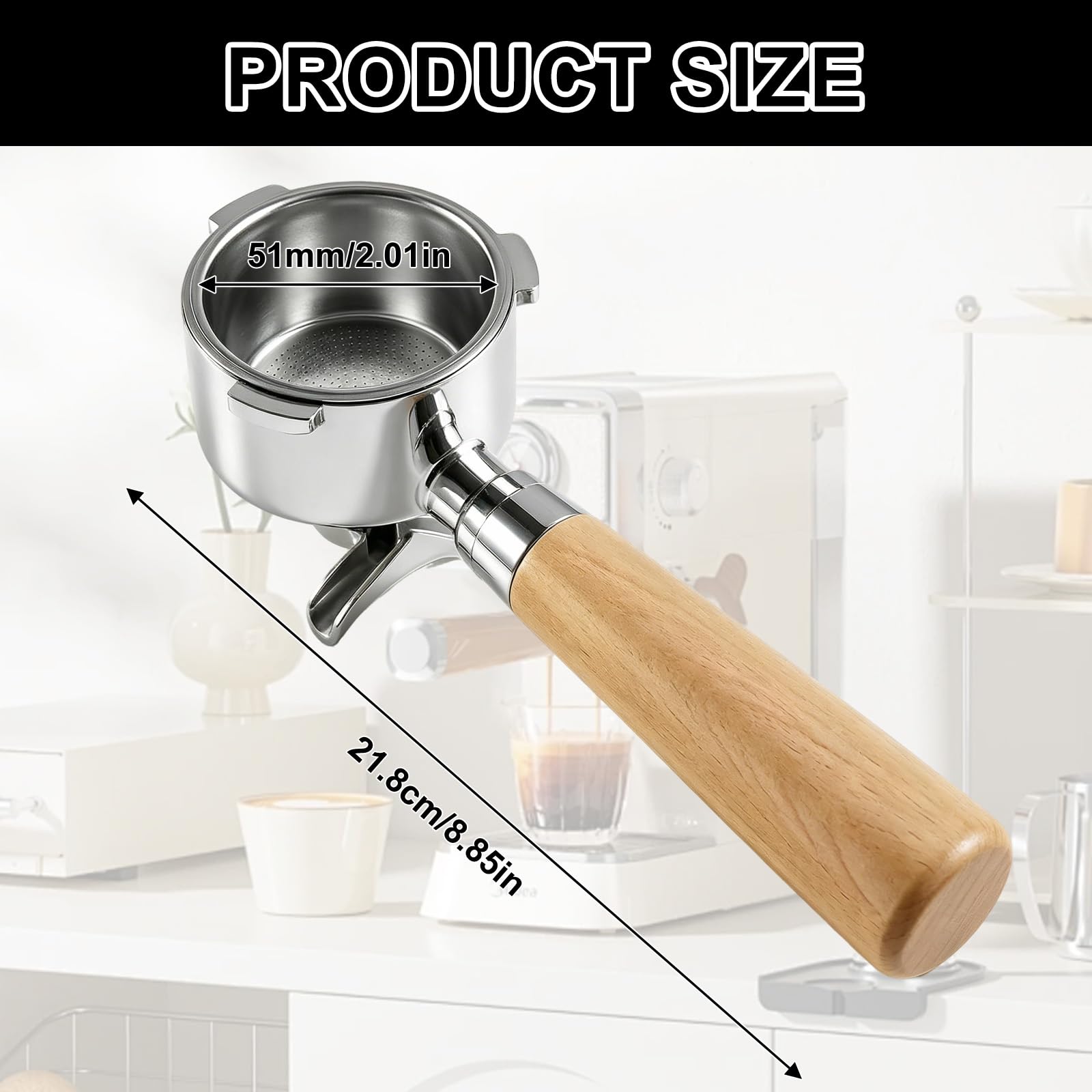 Espresso - Filtro portafiltro de doble caño (3 orejas, mango ergonómico de madera premium, incluye cesta sin presión, portafiltro de 51 mm, para DeLonghi Dedica EC680 EC685 y Smeg)