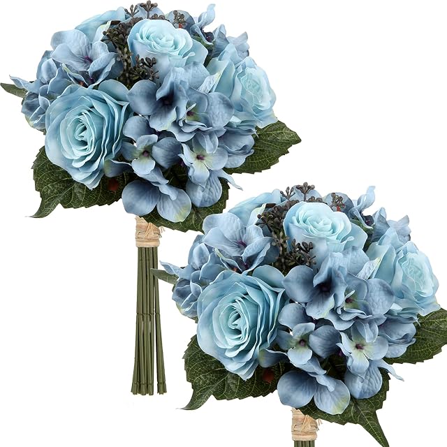 Briful 2 Pack Artificial Roses Hydrangea Silk Flower Bouquet Fake Flowers Bush 9 Heads Blue Artificial Flowers Bridal Bouquet for Wedding Table Centerpieces Home Decoration