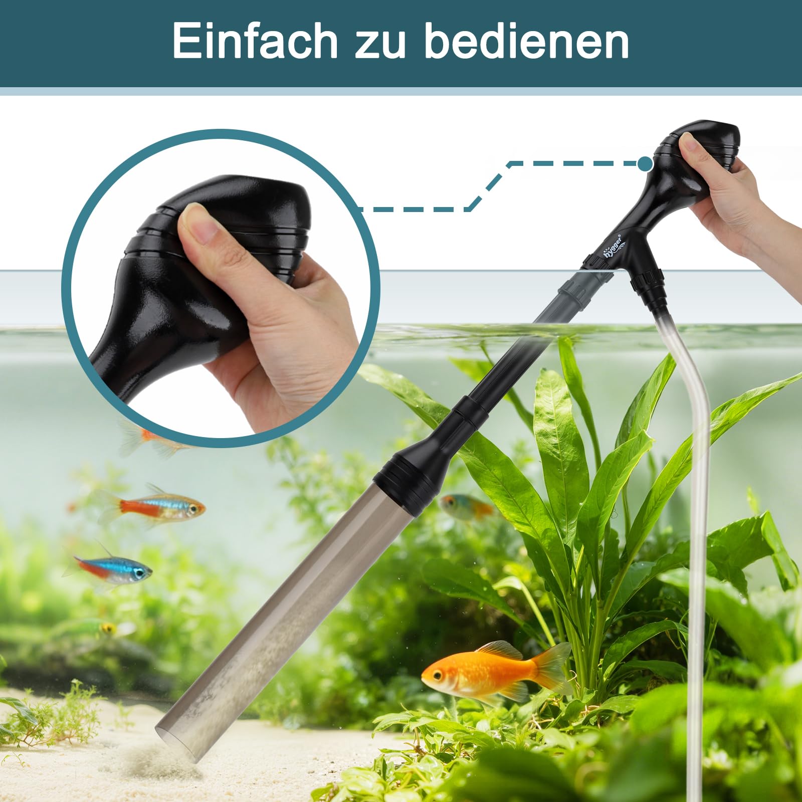 hygger Mulmsauger Aquarium, 969 L/H Aquarium Sauger Reinigungsset | Geeignet für Niedrige Wasserstände, Integrierter Kneif & Greifsaugball, Verstellbare Länge Größe L Mittelgroßes Aquarium