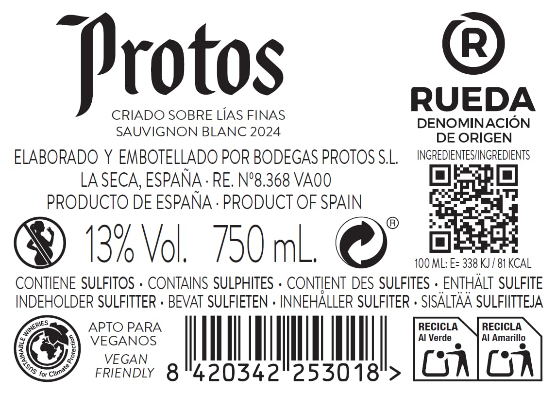 Protos Sauvignon Blanc, Vino Blanco D.O. Rueda, Crianza sobre Lías, Estuche 2 Botellas