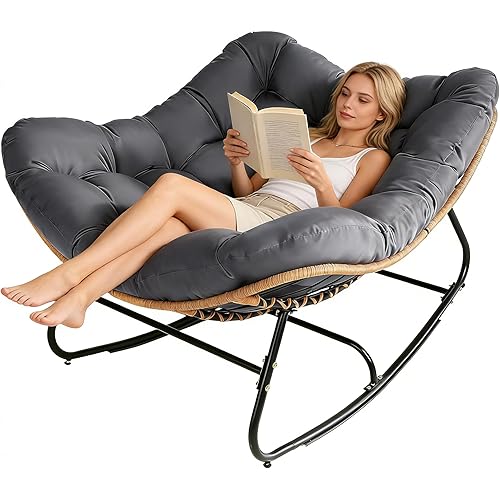 SUNCROWN Oversized Wicker Rocking Chair Indoor Outdoor, 450 LBS Heavy Duty Patio Papasan Egg Chair with Cushion, E-Coated Frame Lounge Rocker for Balcony Porch Garden Living Room (Dark Grey)
