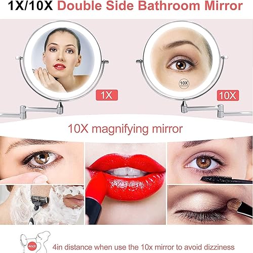 Miniatura 4 de GAUDIE Espejo de maquillaje LED con sensor inteligente con luces y aumento de 10X, espejo de tocador extensible giratorio de doble cara montado en