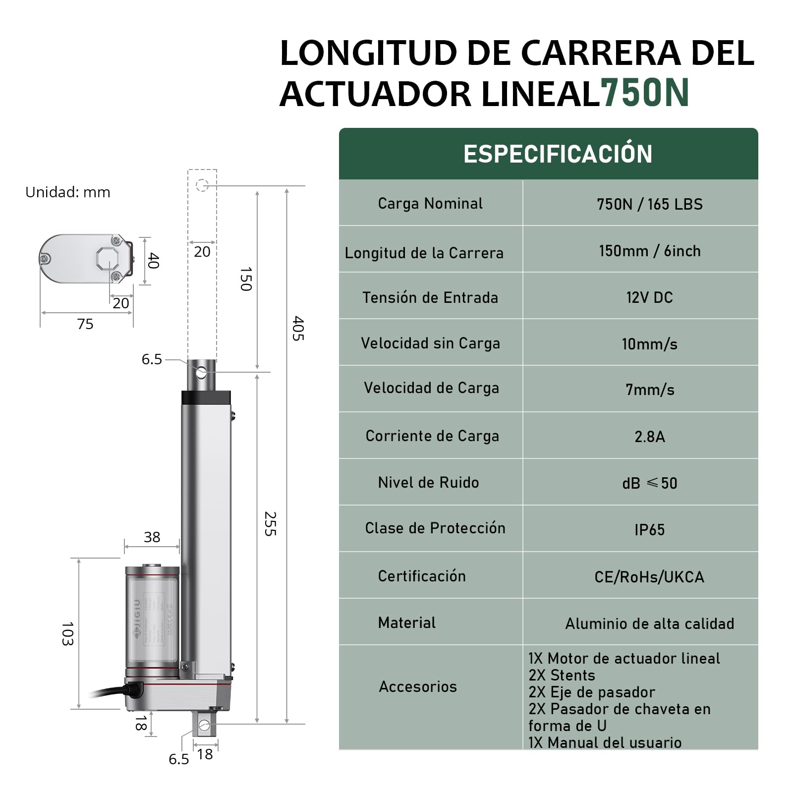 JiGiU Actuador Lineal 750N 150mm DC 12V 10mm/s IP65 Heavy Duty para Coche RV Puerta Eléctrica