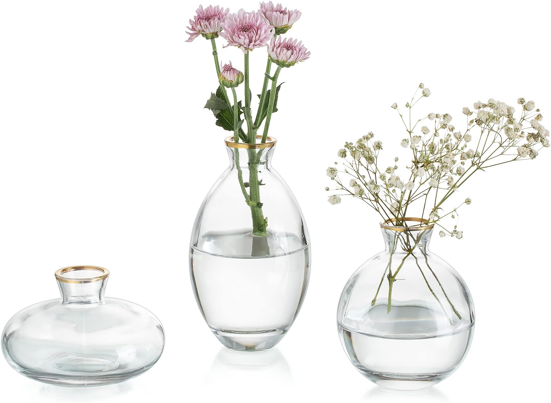Small Vases for Table Decoration, Vintage, Handmade, 3-Piece Mini Vase Glass Gold Rim, Flower Vase, Modern Set, Various Sizes, Slim Hydroponic Glass Vase for Flowers, Decoration, Wedding, Table,