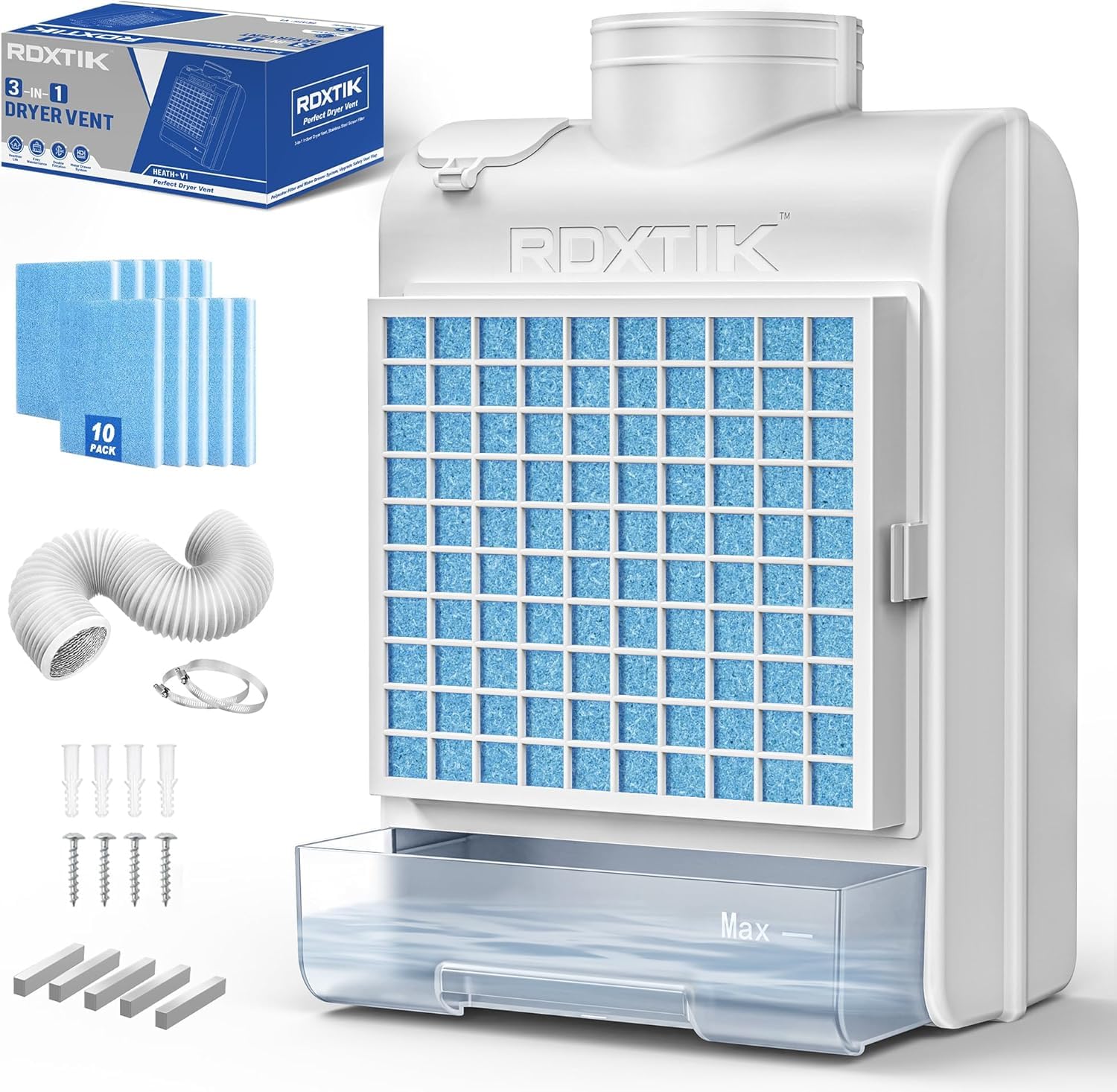 RDXTIK 3-in-1 Indoor Dryer Vent Kit, 2026 Upgraded, 10 Pcs Polyester Filters for 4 Layer Purification System, Stainless Steel Screen Filter and Water