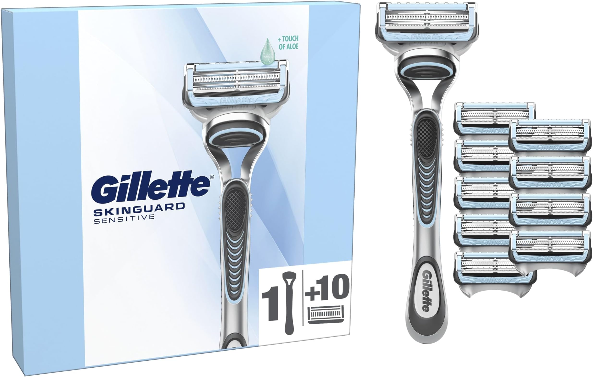 SkinGuard Sensitive Razor for Men, 1 Men's Razor Handle with 10 Blade Refills, Gentle Shave for Sensitive Skin, Reduces Irritation and Bumps