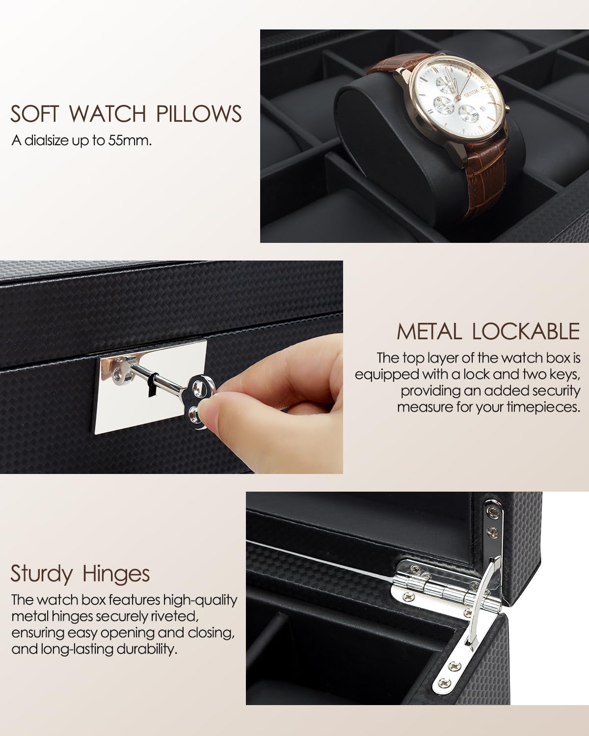 BDJ108BLACK Boîte à montres 10 compartiments de rangement en cuir synthétique avec verre et serrure pour montre homme et femme Noir