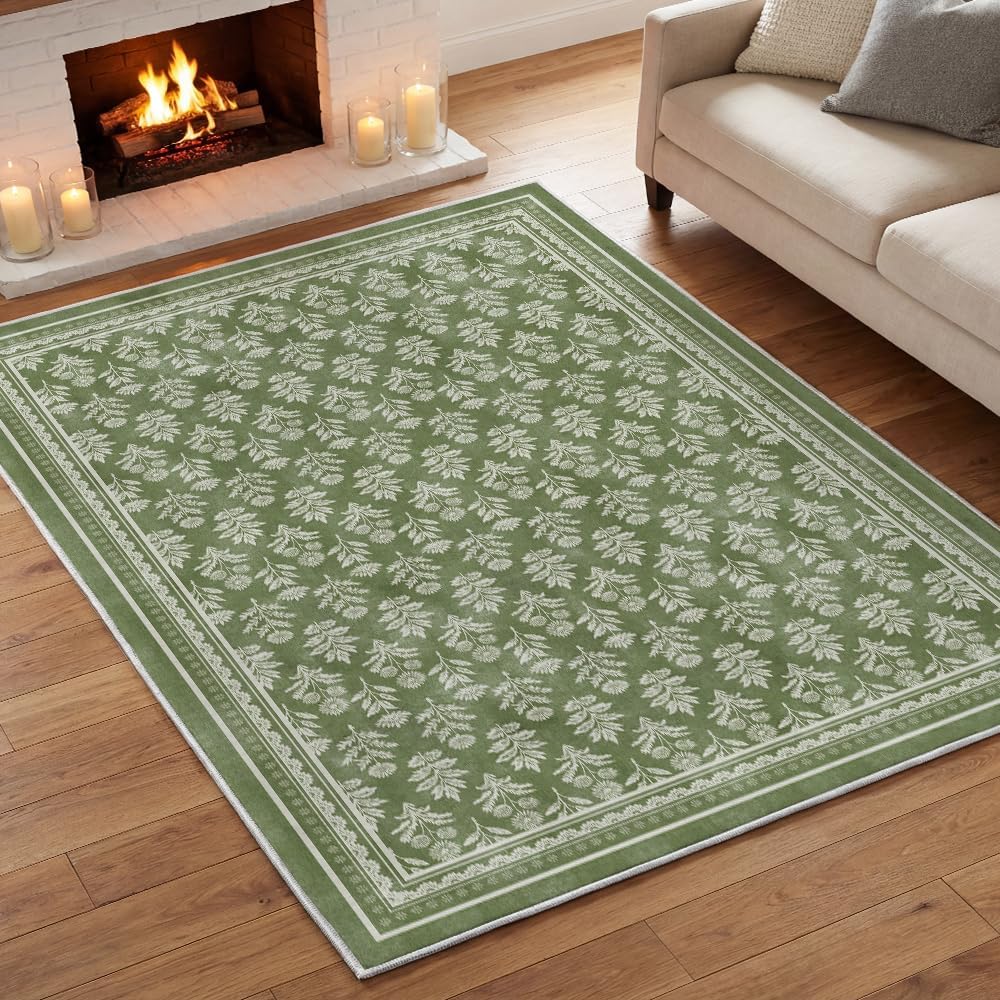 Artoid Mode Green Rustic Floral Spring Area Rug, Summer Home Decor Low-Profile Non-Slip Washable Large Rug for Living Room Bedroom Farmhouse Dining Room Kids Playroom 5x7 Feet