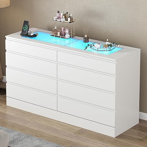 8 Drawer Dresser with Power Outlet, White Dresser for Bedroom Chest of Drawer with Glass Top & LED Light, Modern Double Wide Drawer Organizer Cabinet for Living Room (White)