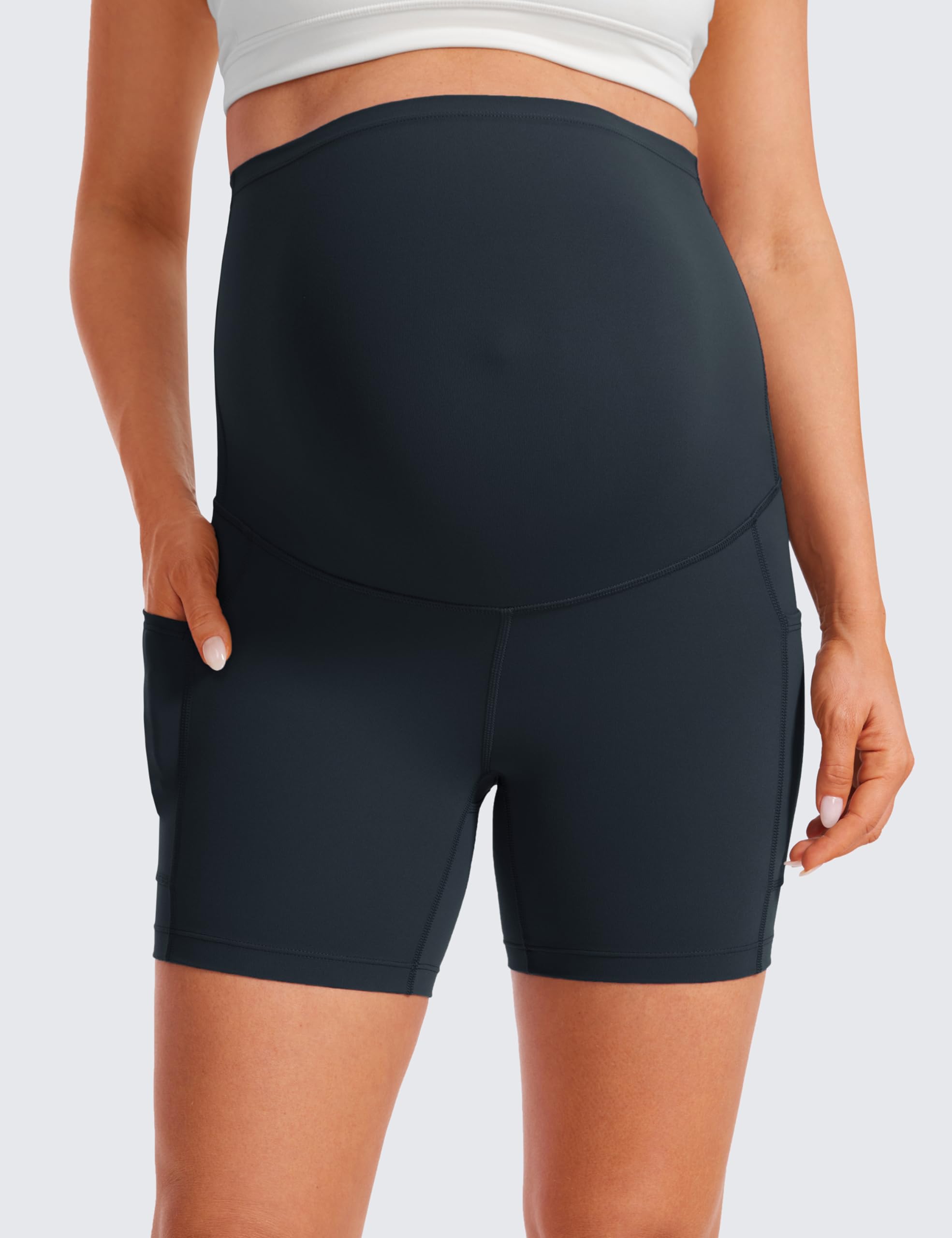 CRZ YOGA Damskie spodenki ciążowe Butterluxe do jogi typu biker z kieszeniami 13/20cm – zakrywające brzuch do ćwiczeń w ciąży