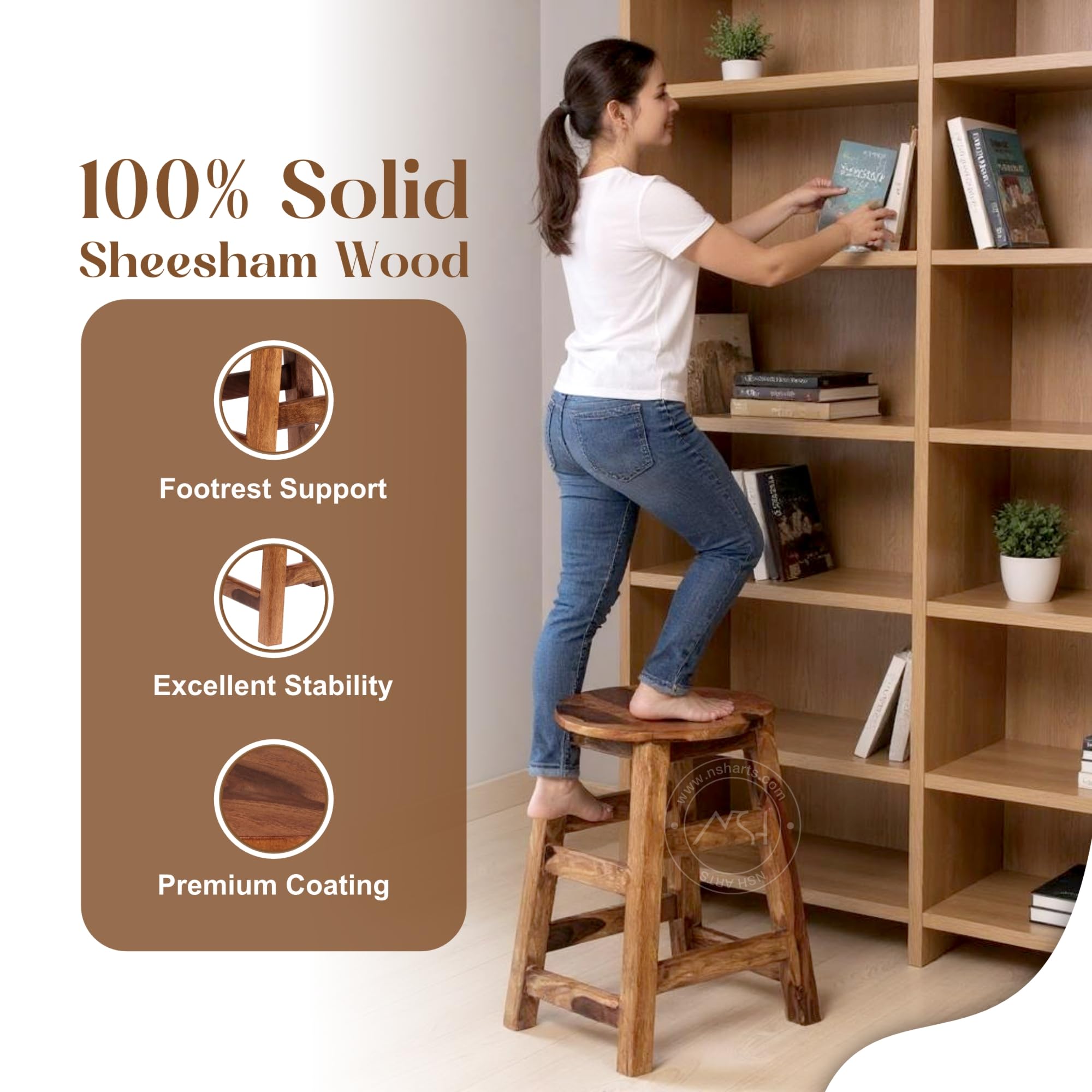 NSH Solid Sheesham Wood Round Top Liva Multipurpose Stool | Pre-Assembled, Ideal Stool for Home, Kitchen, Living Room, Bars and Any Outdoor & Indoor Use | Teak Finish, 1 Wooden Stool 4