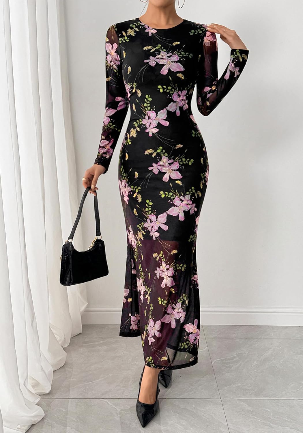 BTFBM Wedding Guest Dresses for Women Spring Fashion 2026 Bodycon Crew Neck Long Sleeve Boho Mesh Floral Maxi Fall Dress - Image 7