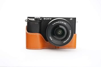 Sony A6400 A6100 Camera Case, Handmade Genuine Real Leather Half Camera Case Bag Cover for Sony Alpha A6400 A6100 Camera Bottom Opening Version + Hand Strap Yellow