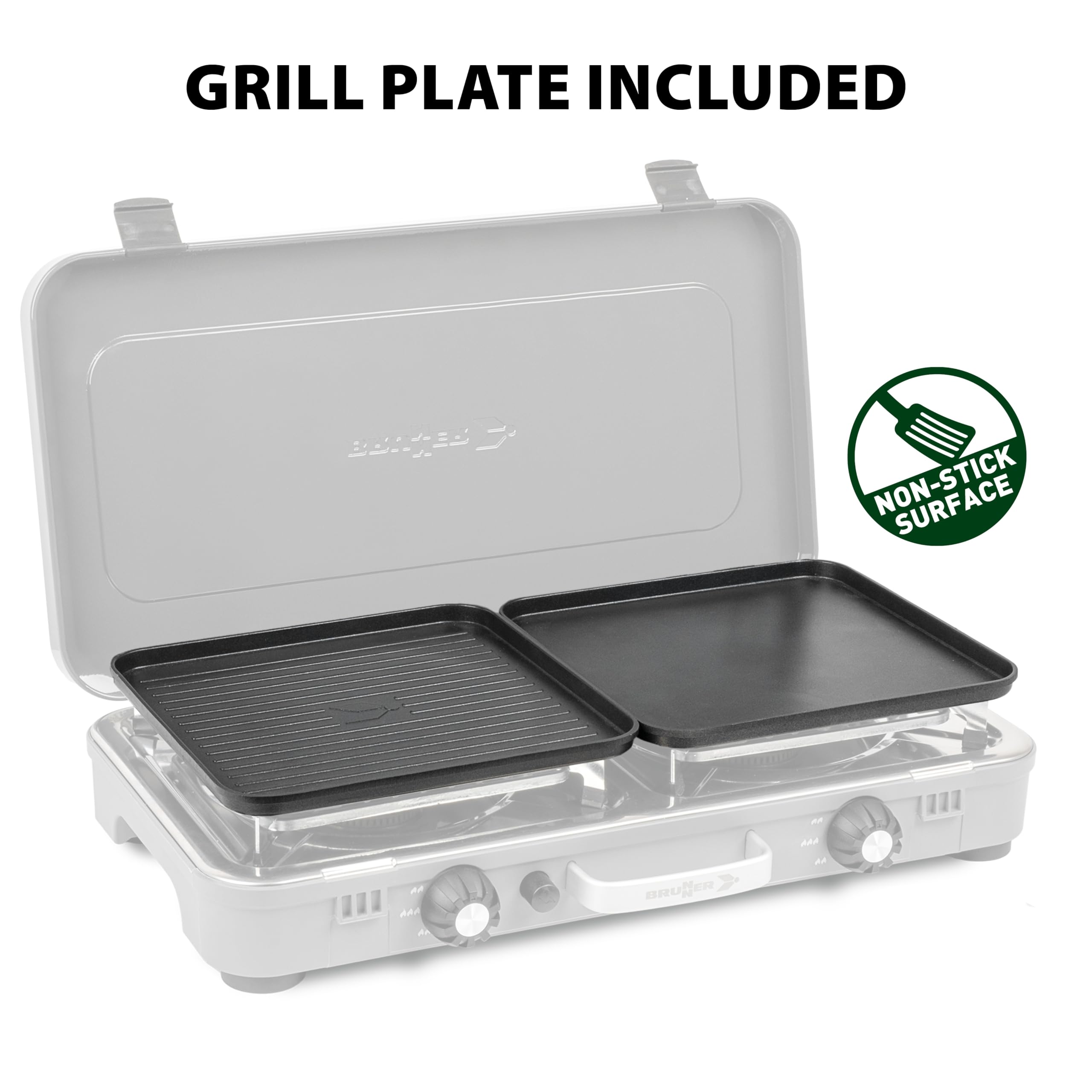 Brunner Fornello a gas DEVIL KOOKMASTER GP - Doppio bruciatore di 2,4 kW, accensione piezoelettrica, coperchio e maniglia per trasporto, con piastra liscia/rigata, 30mbar - Perfetto per cucina outdoor