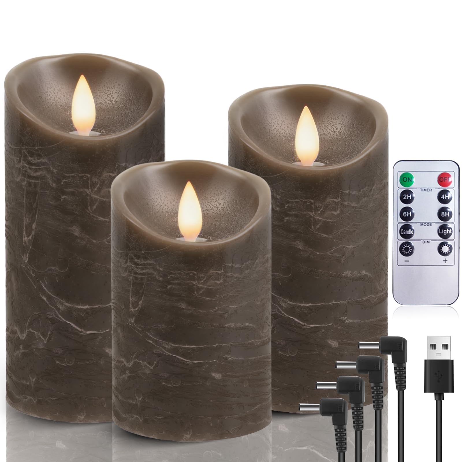 AiiBowy LED Kerzen Aufladbar Echtwachs 3er-Set mit timerfunktion, Flackernde Flamme, LED Kerzen Adventskranz, LED Stumpenkerzen Outdoor für Halloween Weihnachten Party Dekoration - Braun