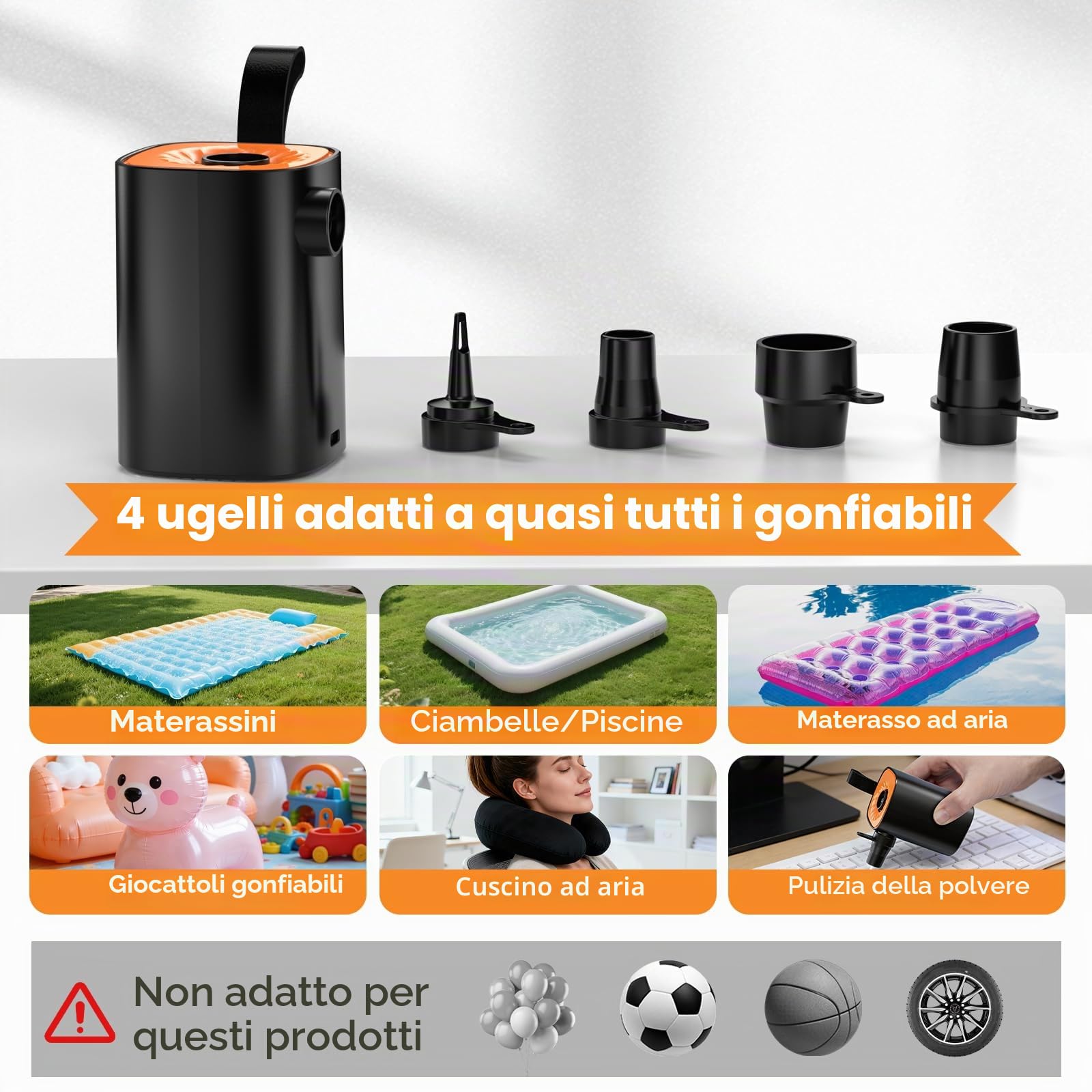 Gonfiatore Elettrico Portatile, 4000mAh Pompa Elettrica con 4 Ugelli/Luce Campeggio/Gancio Adatto per Materasso Gonfiabile,Divano Gonfiabile,Materassino Campeggio,Piscina