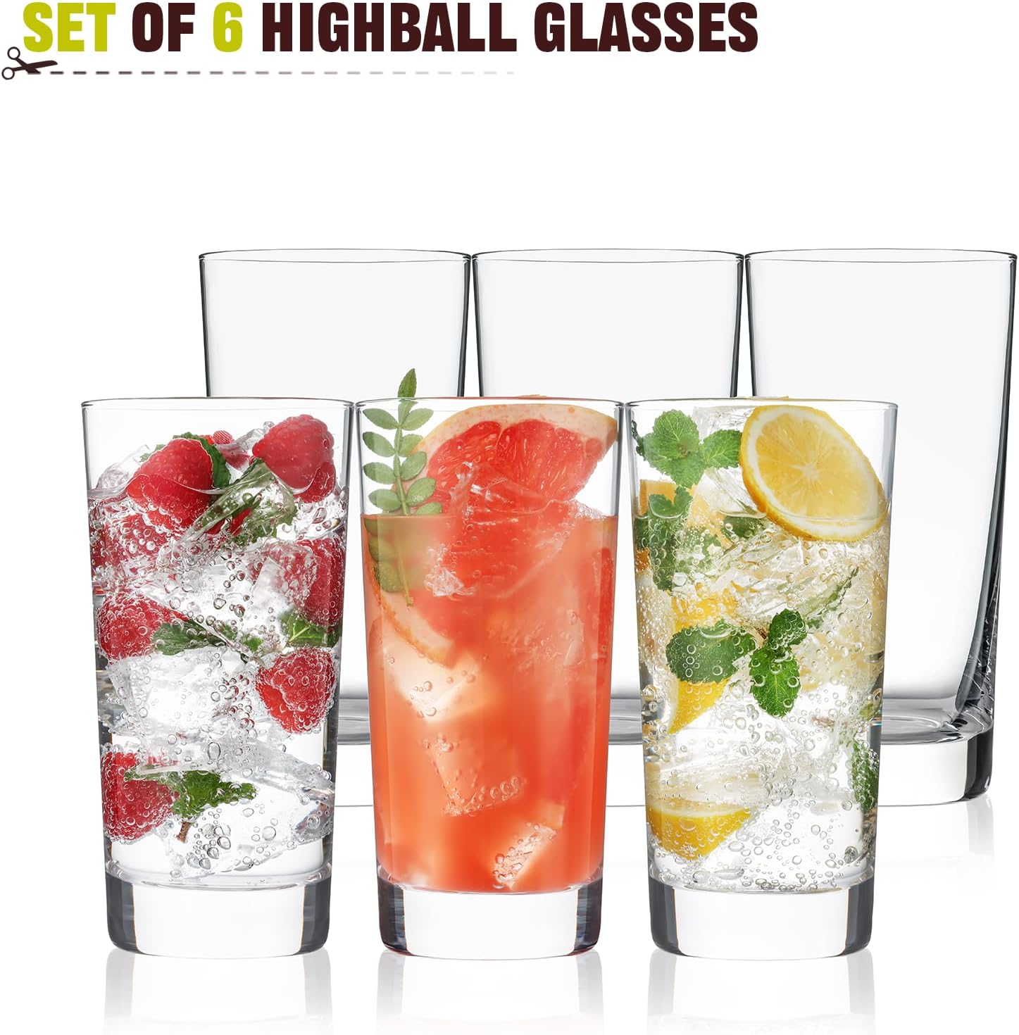 Highball Glasses Set of 6, 13oz Tall Drinking Glasses, Water Glass for Kitchen, Tom Collins Glasses, Mojito Glass Cups, Cocktail Glasses for Bar Glassware - Image 7