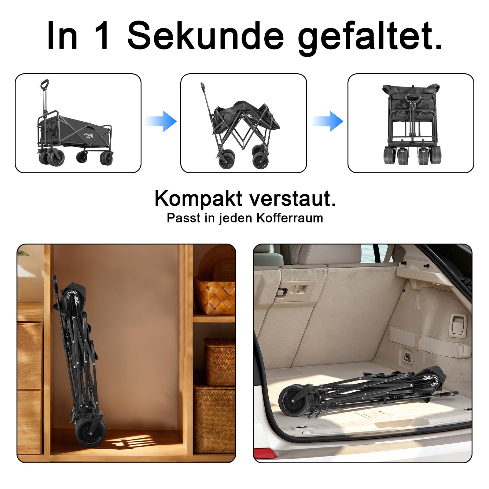 Angel Living Bollerwagen Faltbar 300L mit tragkraft 150KG, Handwagen Klappbar, Faltbarer Campingwagen mit Höhenverstellbarem Griff, Leicht und Platzsparend,Stabil