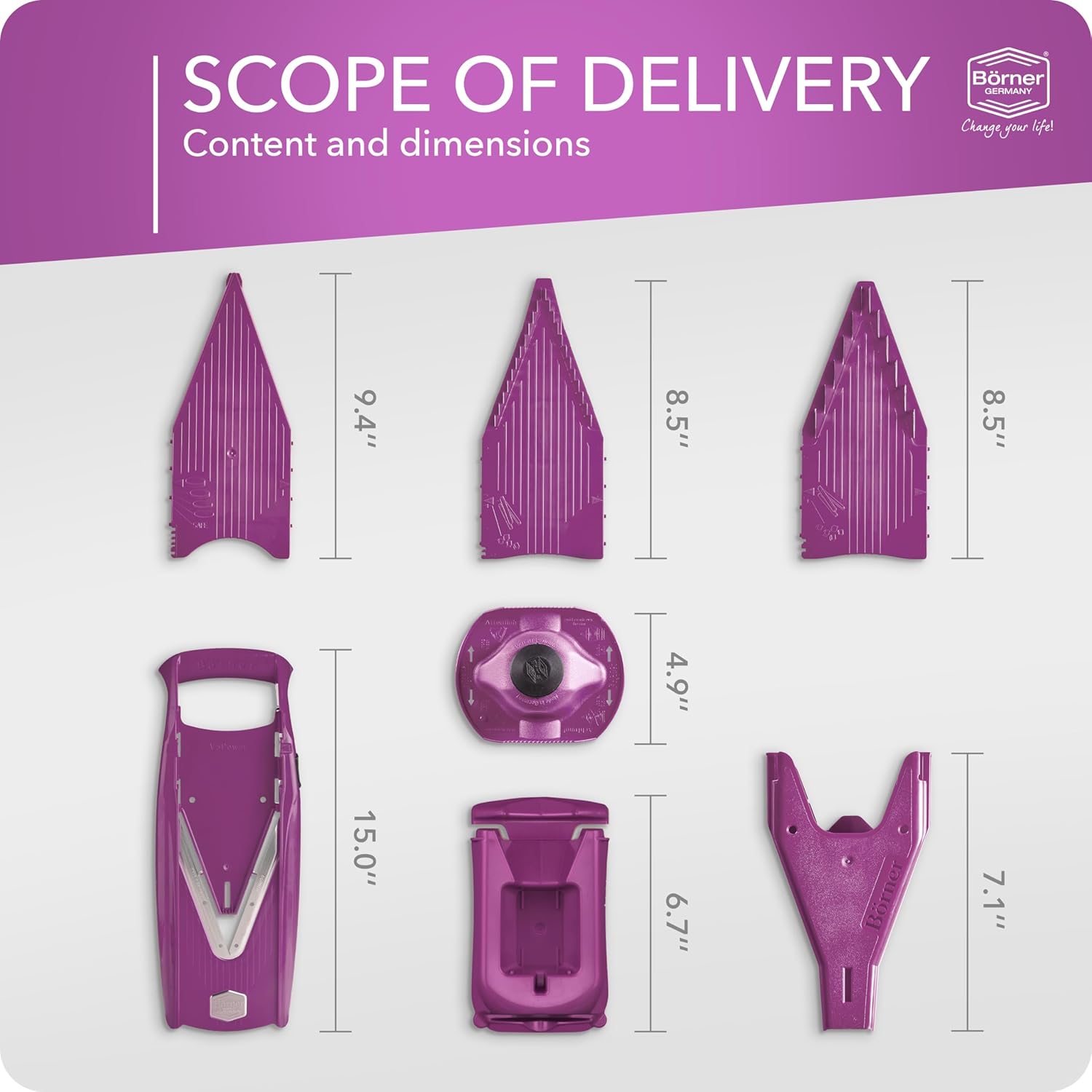 Börner V5 PowerLine Vegetable Cutter Professional Set (7 pcs.) • Vegetable Cutter (V-Planer) for Fruit & Vegetables + Accessories • 8 Cutting Types • Kitchen Planer Set