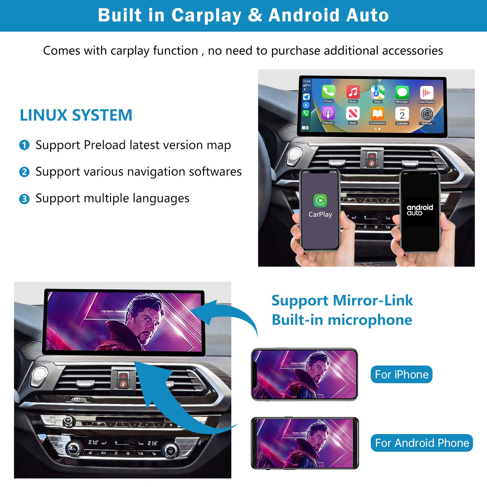 Stereo per Auto da 12,3 Pollici con Schermo Touch per BMW X3/X4 Serie G01 G02 dal 2018 al 2022 con Sistema EVO, Supporto per Apple CarPlay/Android Auto/Mirrorlink/Navigazione