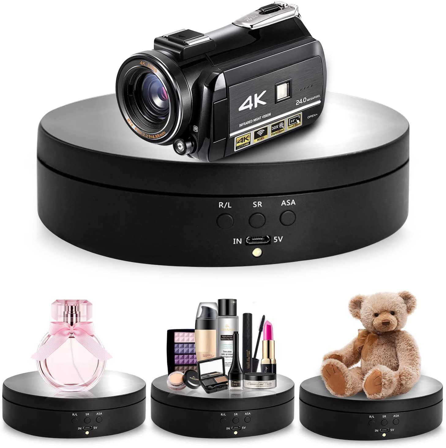 Rotating Display Stand, 360° Motorized Photography Turntable with 1 PVC Backgrounds, for Photography Products Display, Jewelry, Watch, 3D Models Panoramic Display, Max Load 6.6Lb USB Video Show