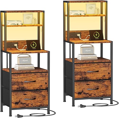 Miniatura 16 de Furnulem Mesita de Noche, Mesita Alta con 4 Estantes, 2 Cajones de Tela y Tubo de Luz, Mesas Auxiliares con Estación de Carga, Mesa de Noche para