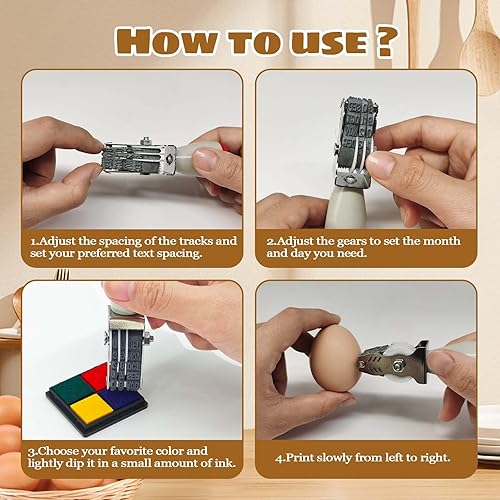 Miniatura 5 de Sellos de fecha de huevo para huevos frescos, con una almohadilla de tinta de cuatro colores, 50 Instrucciones de huevos frescos de granja, Kit de