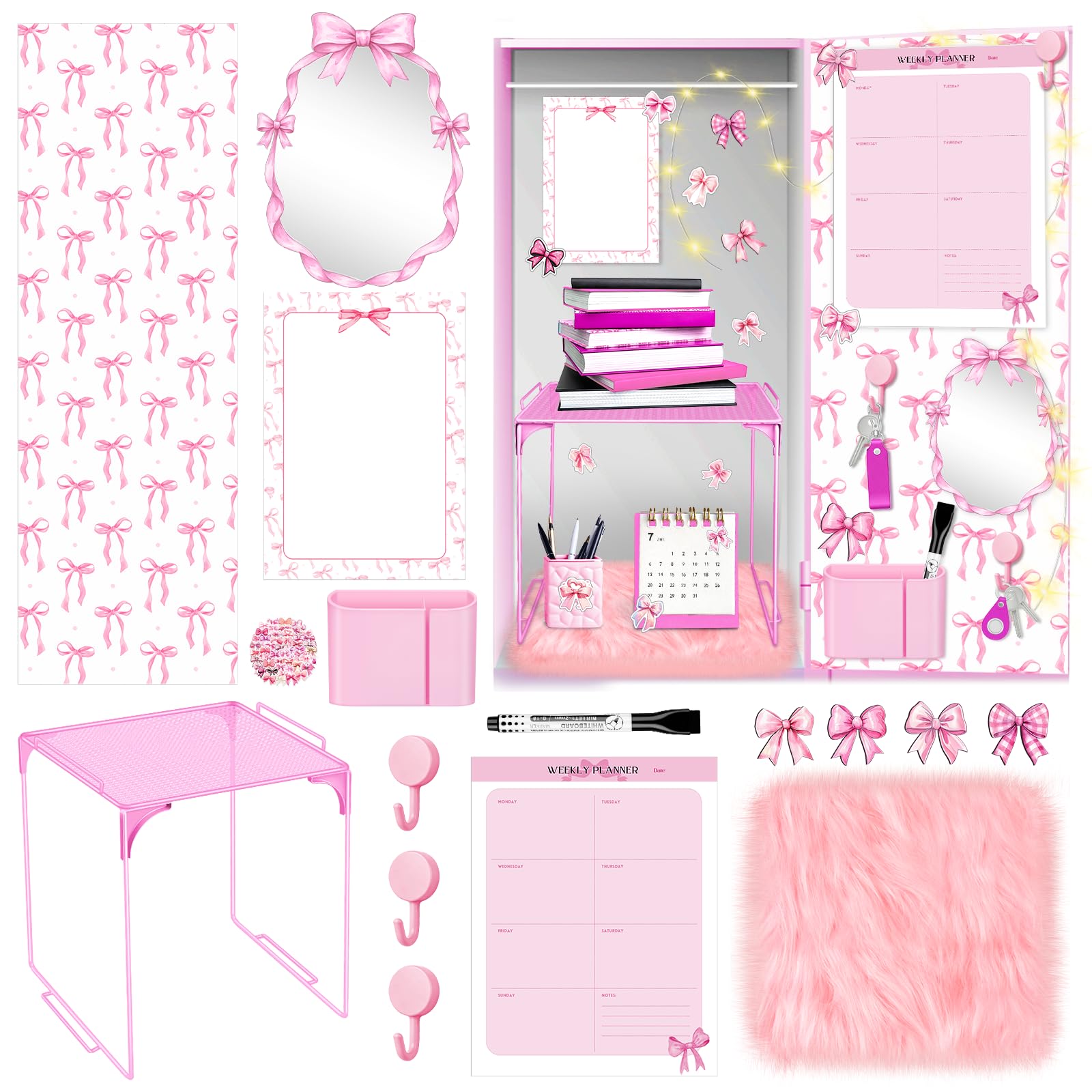 18 Pieces Pink Bow Locker Accessories Kit with Pink Bow Magnetic Wallpaper Wall Sticker Locker Shelf Coquette Mirror Bow Whiteboard Schedule Cute Locker Shelf for School Back to School Essentials