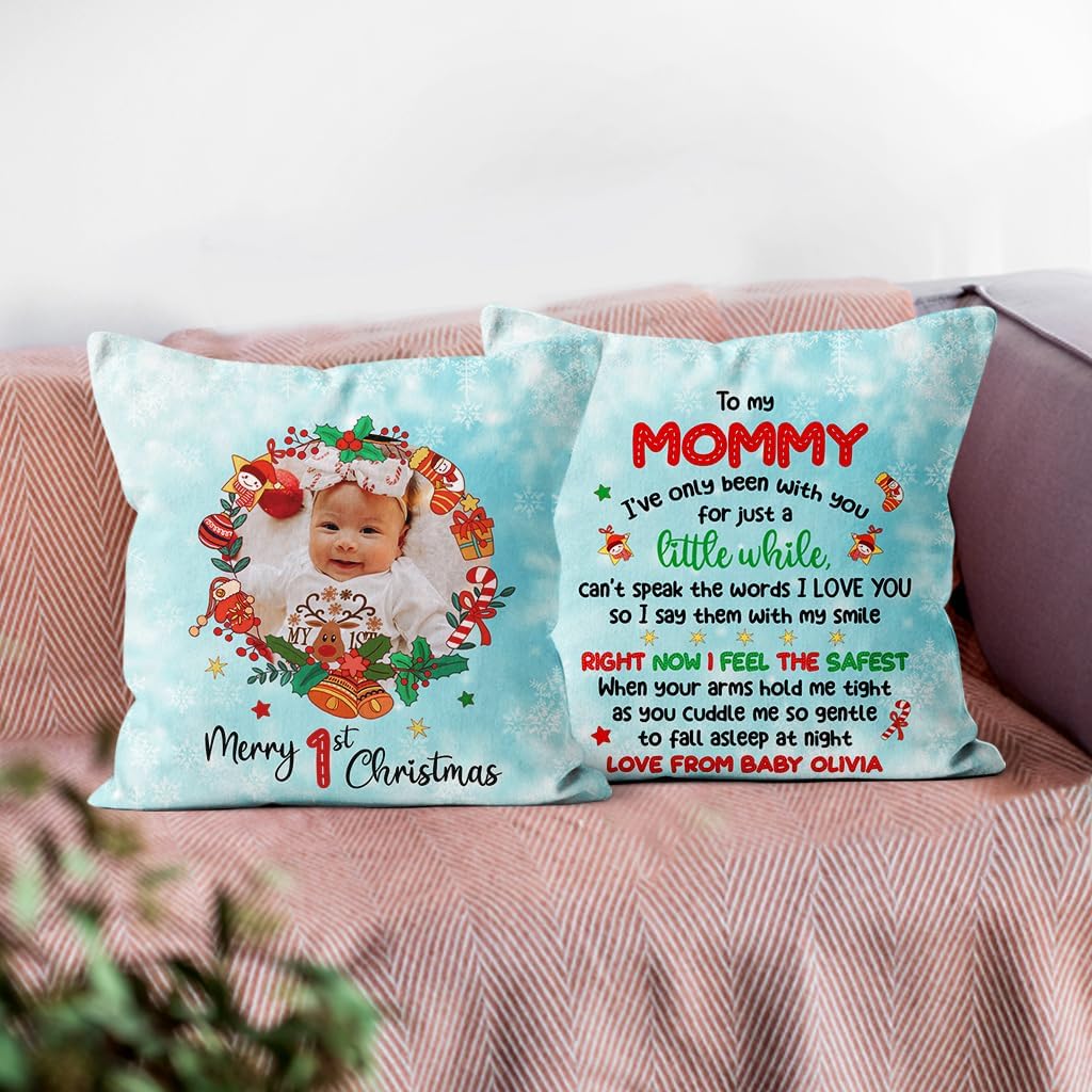 Personalized Square Pillow for New Mommy from Newborn Baby Gifts for Future Mom Gifts for Baby First Christmas Photo Custom Name & Photo Double Sided Sofa Couch Cushion On Christmas