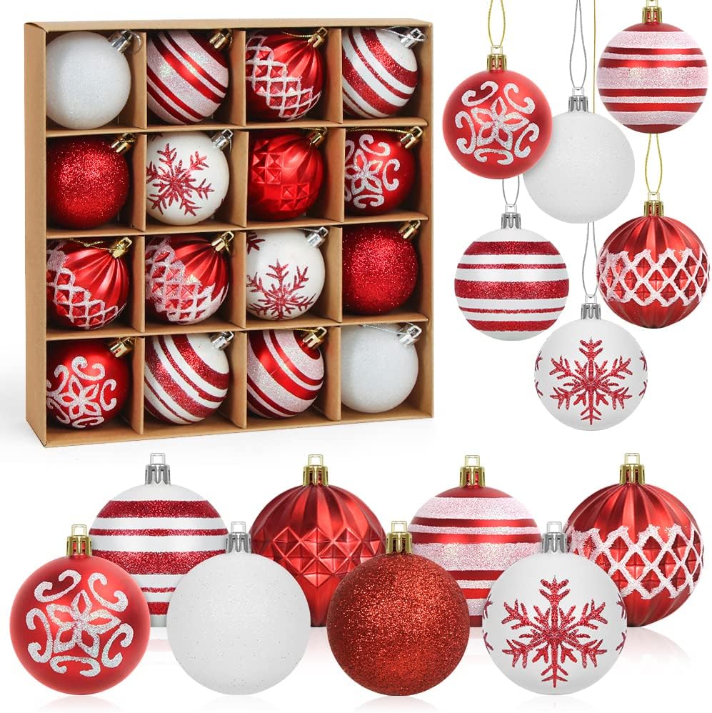16Pcs Red White Christmas Ornaments, PVC Material, Traditional Style, Christmas Tree Decorations
