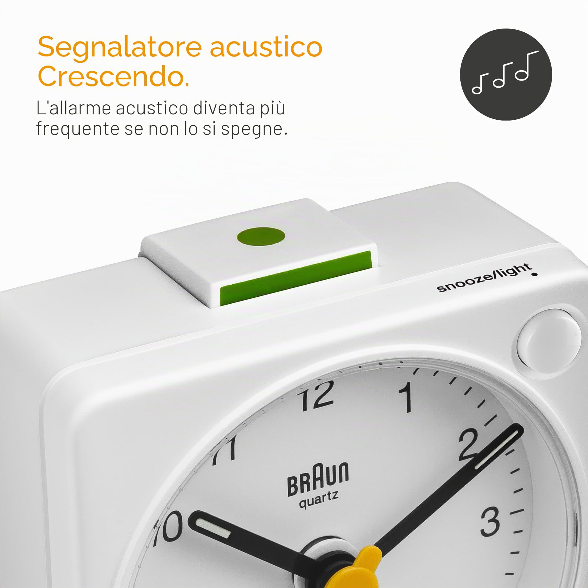 Braun Orologio Sveglia Analogico Classico viaggio con Funzione Snooze e Luce, dimensioni ridotte, Movimento al Quarzo silenzioso, Suono Sveglia Beep con crescendo, colore bianco, modello BC02XW.