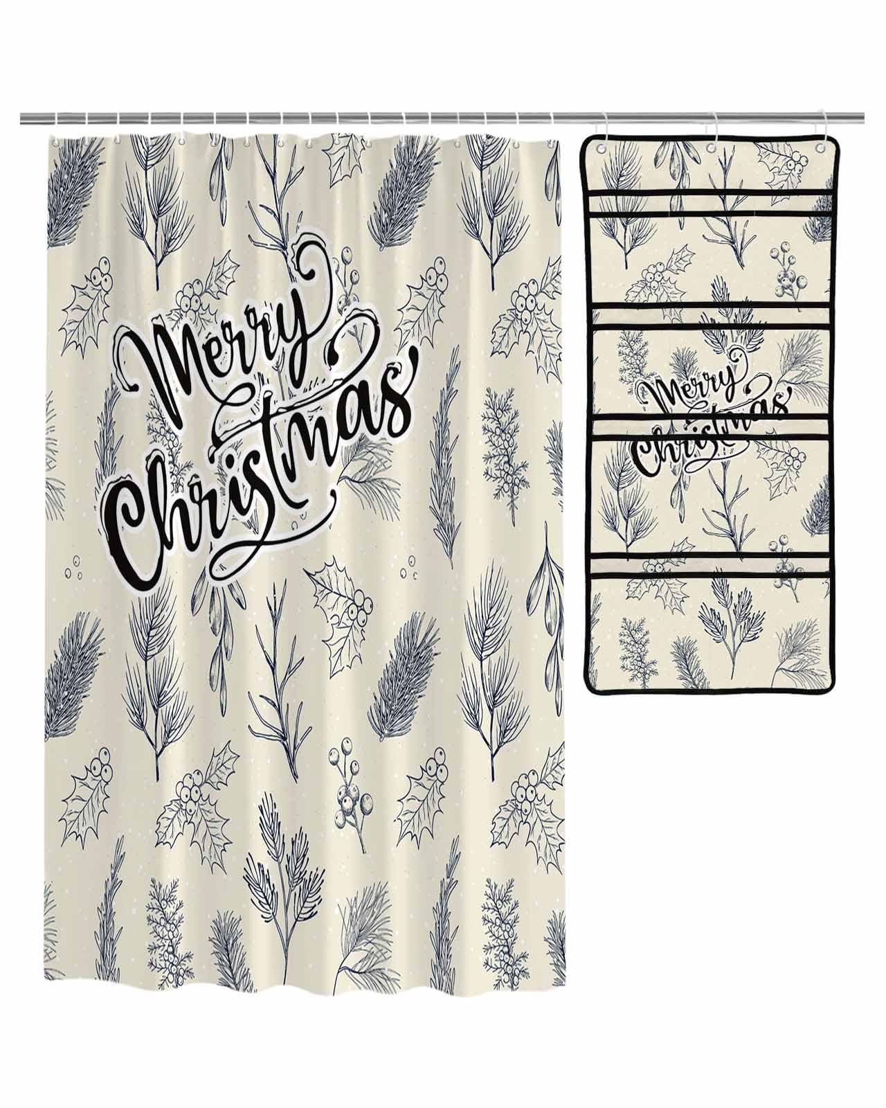 Hokiten Shower Curtain Shower Organizer Set Navy Blue Christmas Polyester Fabric Shower Curtains Waterproof - 36 x 72