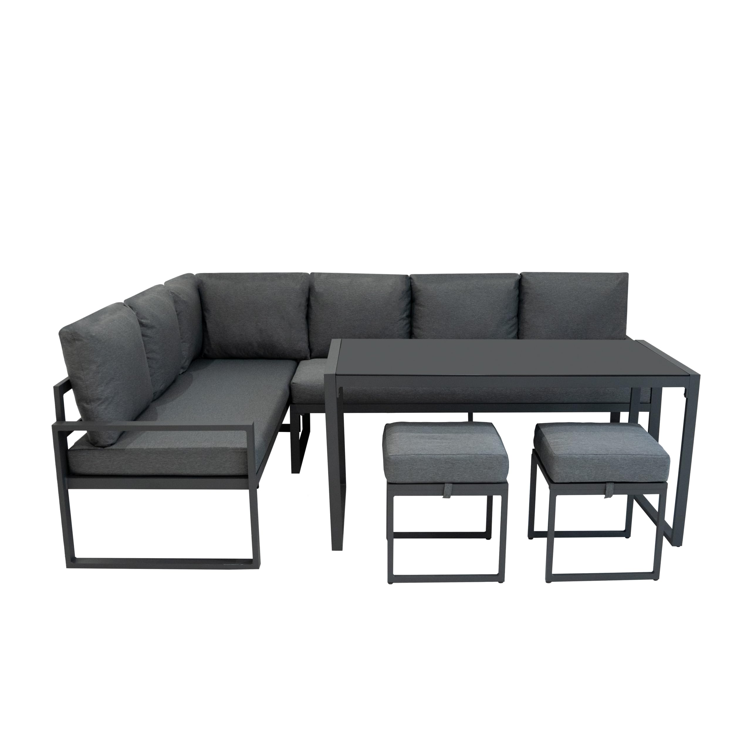 Conjunto Sofá Esquinero de Aluminio 7 plazas | Gris Antracita | Sofa + 2 Taburetes + Mesa con Tapa de Vidrio + Funda Impermeable | Cojines Lavables, Diseño Moderno y Resistente para Jardín Terraza