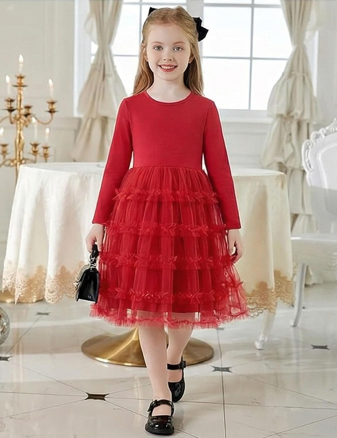Arshiner Toddler Tutu Dress Girls Long Sleeve Fall Winter Ruffle Tiered Holiday Party Tulle Dresses - Image 3