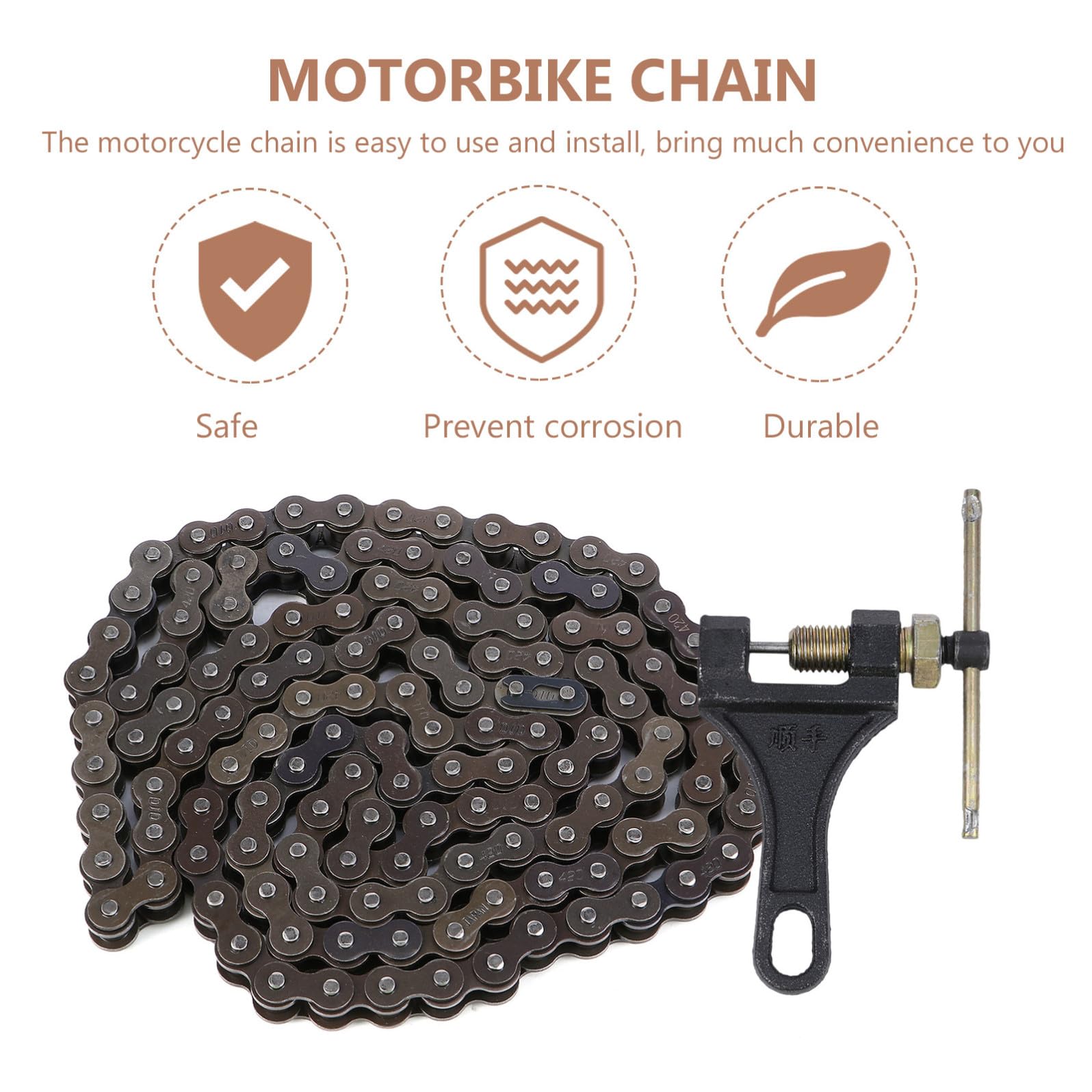 ULTECHNOVO Cadena de Motocicleta de Metal con 132 Eslabones Negra para Motos 110cc y 125cc Superficie Pulida y Herramienta para Romper Cadenas Incluida Varios estilos