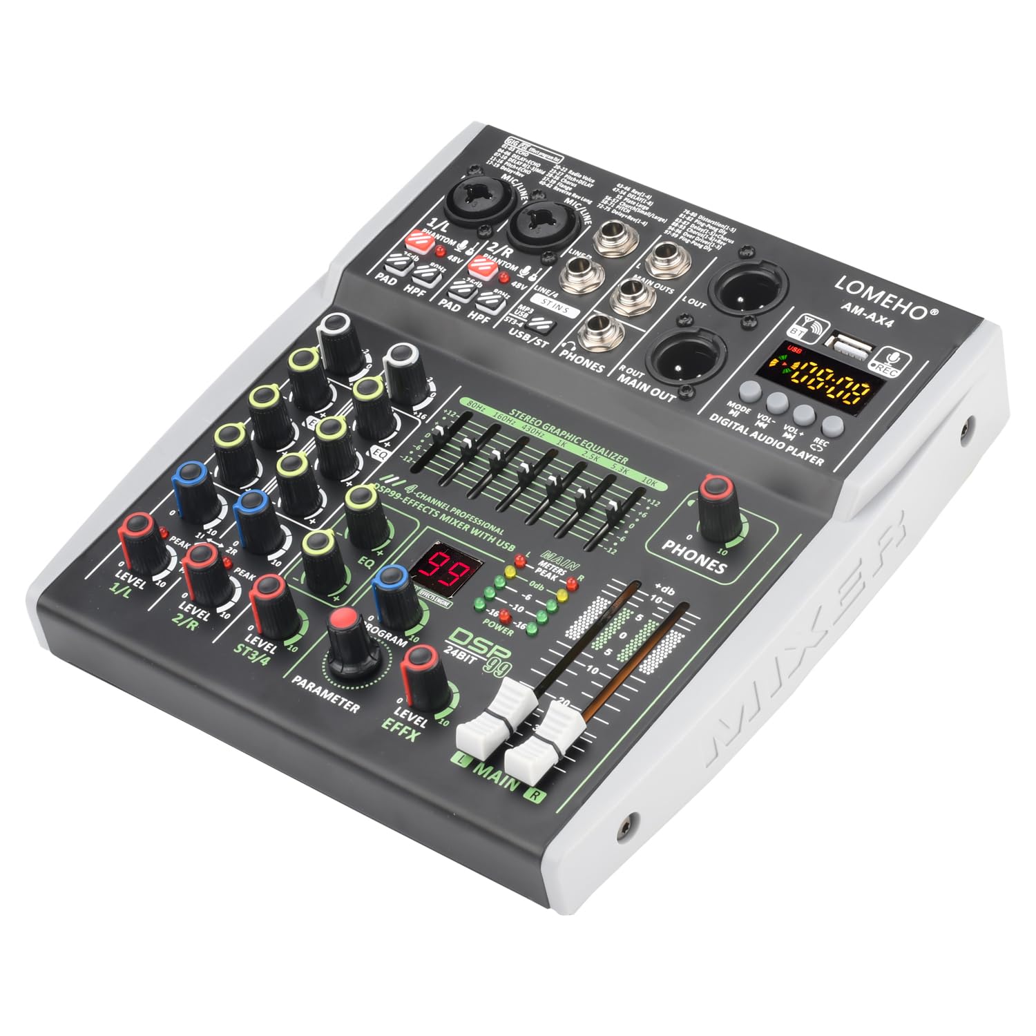 Mikser Audio, 4/6 Kanałowa konsola miksująca wejściowa 48 V 99 DSP Efekt Bluetooth Mikser DJ USB PC Odtwarzanie Nagrywanie Podcast Stół dźwiękowy AM-AX4(4 Channel)