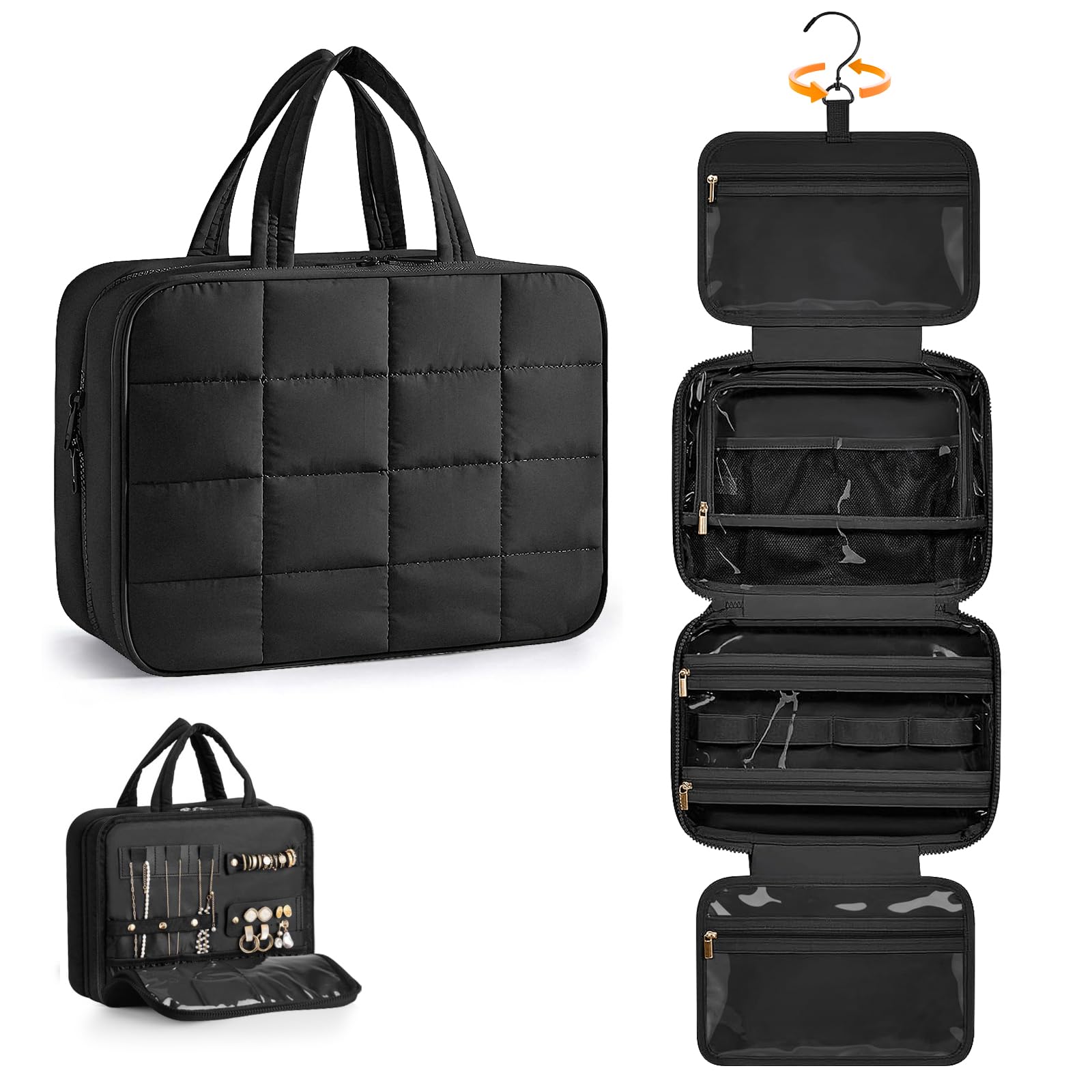 Manuqia Travel Toiletry Bag with Separate Jewelry Organizer, Water-resistant Makeup Bag with Hanging Hook, Large Capacity Travel Organizer for