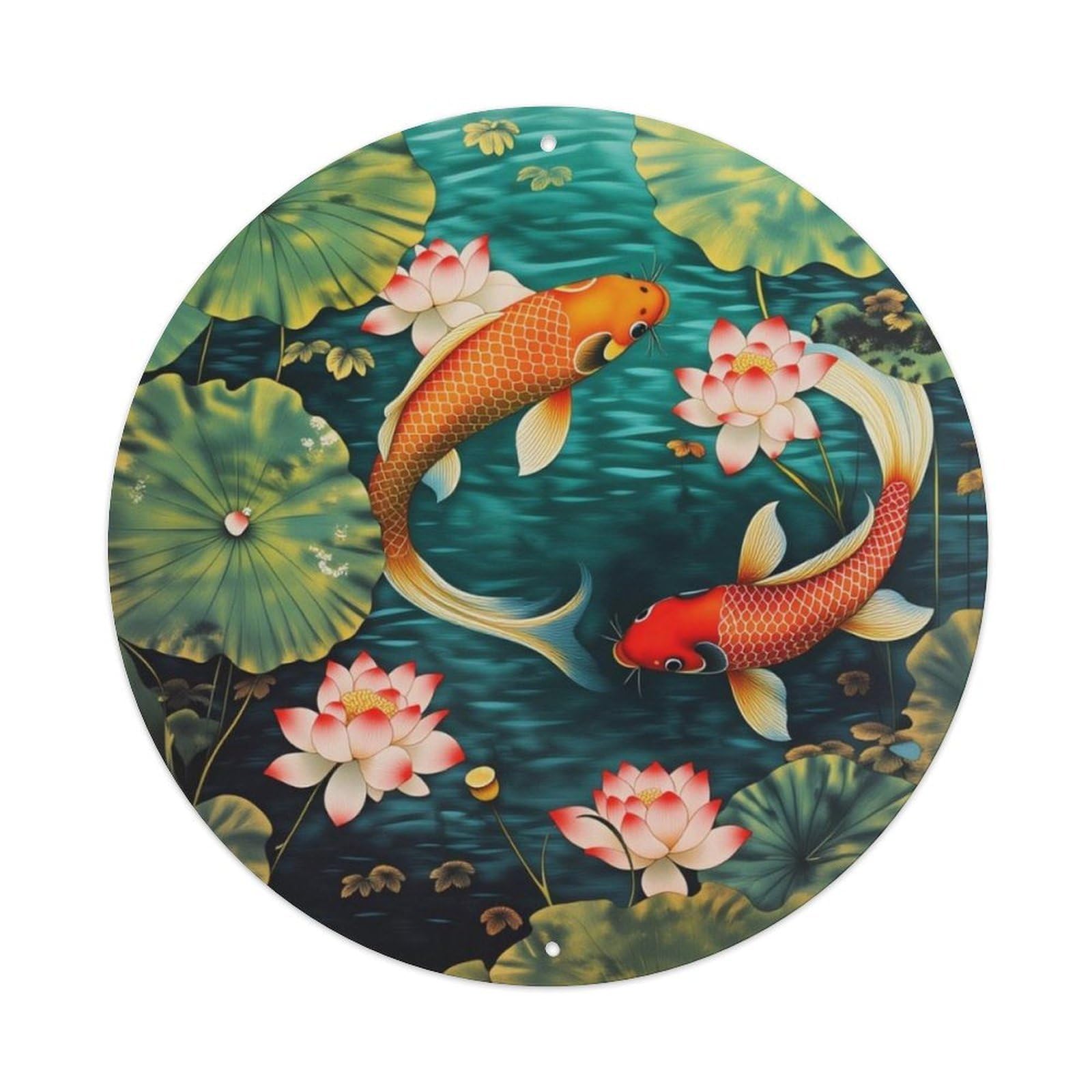 Chinese Style Koi Lotus Round Decor Sign Vintage Aluminium Metal Sign, Retro Wall Decor for Home, Bar, Garage & Farmhouse 20x20cm