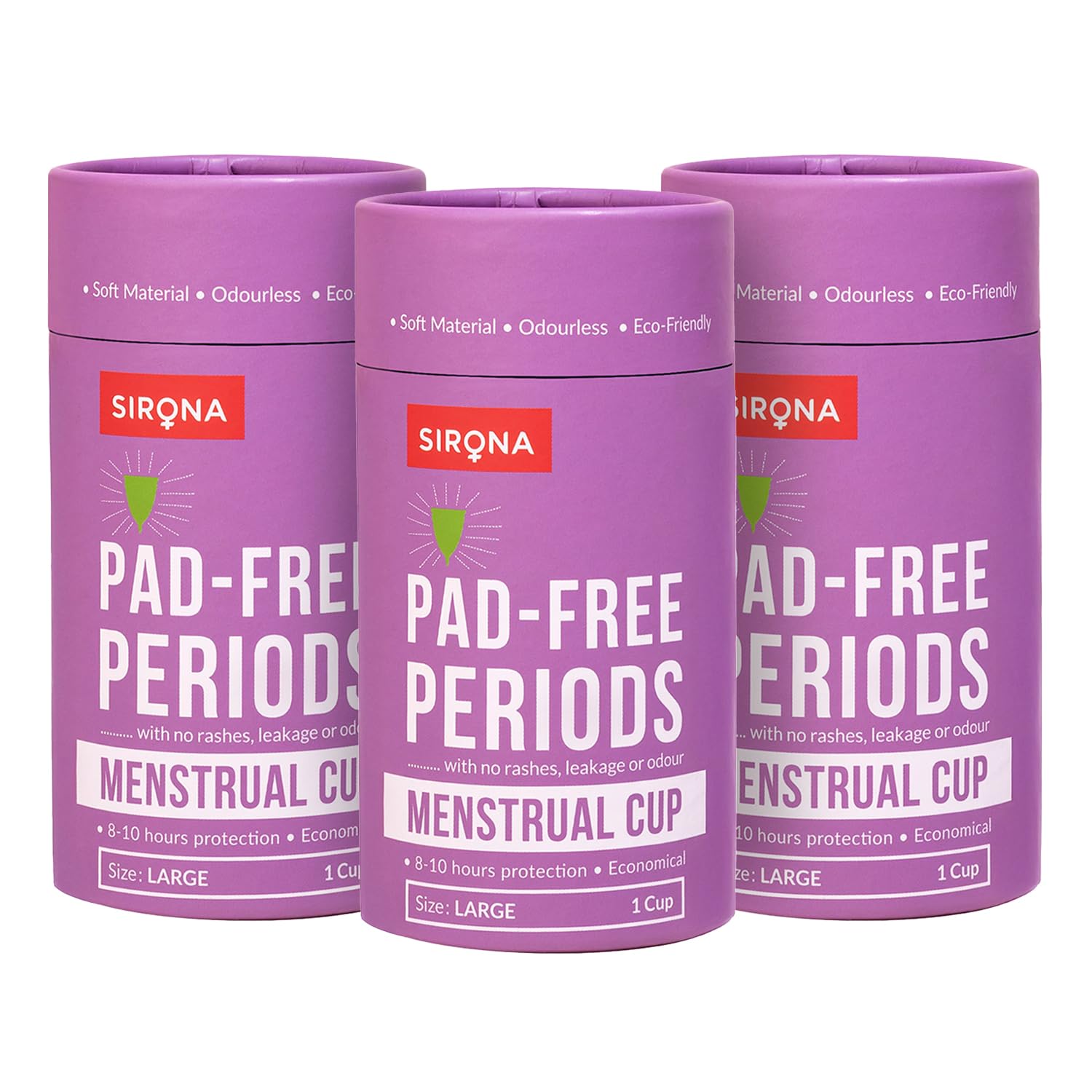 Sirona Reusable Menstrual Cup for Women - Large (Pack of 3) | FDA Approved | Made of Ultra Soft 100% Medical Grade Silicone | Odour, Rash & Itch-Free Period | Leak-Proof Protection for 8-10 Hours
