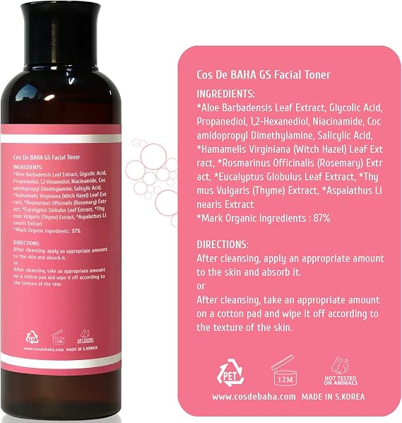 Glycolic Acid 7% AHA + Salicylic Acid 0.5% BHA Facial Toner - Alcohol Free for Smoother-Looking Skin, 6.76 Fl Oz (200ml)