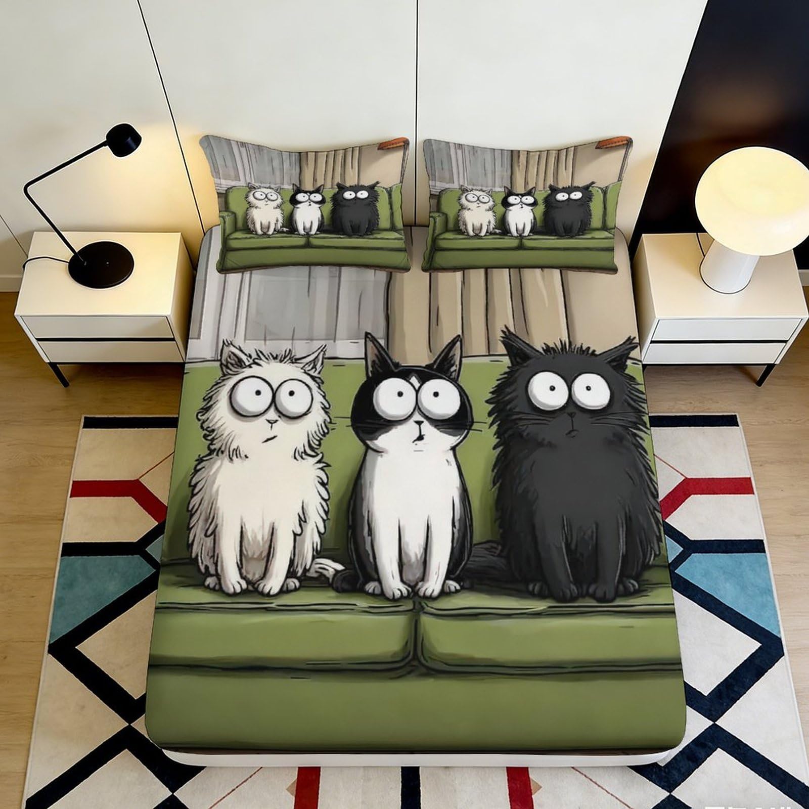 3D Printed Cartoon Cat Fitted Sheet Microfiber Deep Pocket Elastic Hem Cartoon Cat Mattress Fitted Cover Bedroom Bedding Protection 180x200x25cm